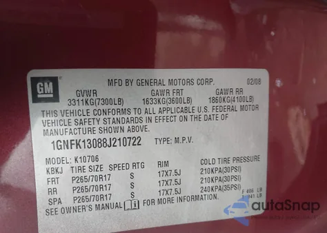 2008 Chevrolet Tahoe Lt from USA, damaged, VIN 1GNFK13088J210722